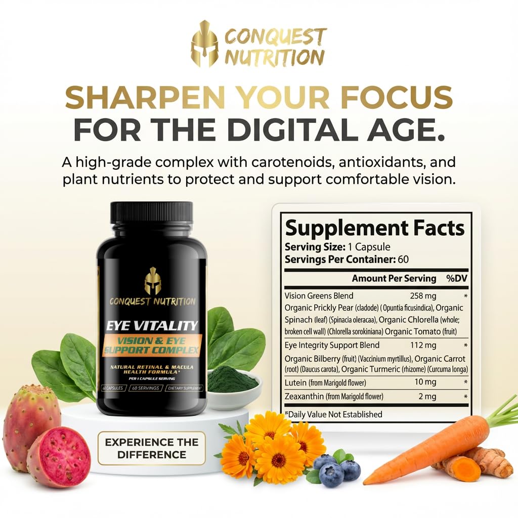 Conquest Nutrition Eye Vitality Vision & Eye Support, Enhance Eye Health, Bilberry, Lutein, Zeaxanthin, 60 Capsules