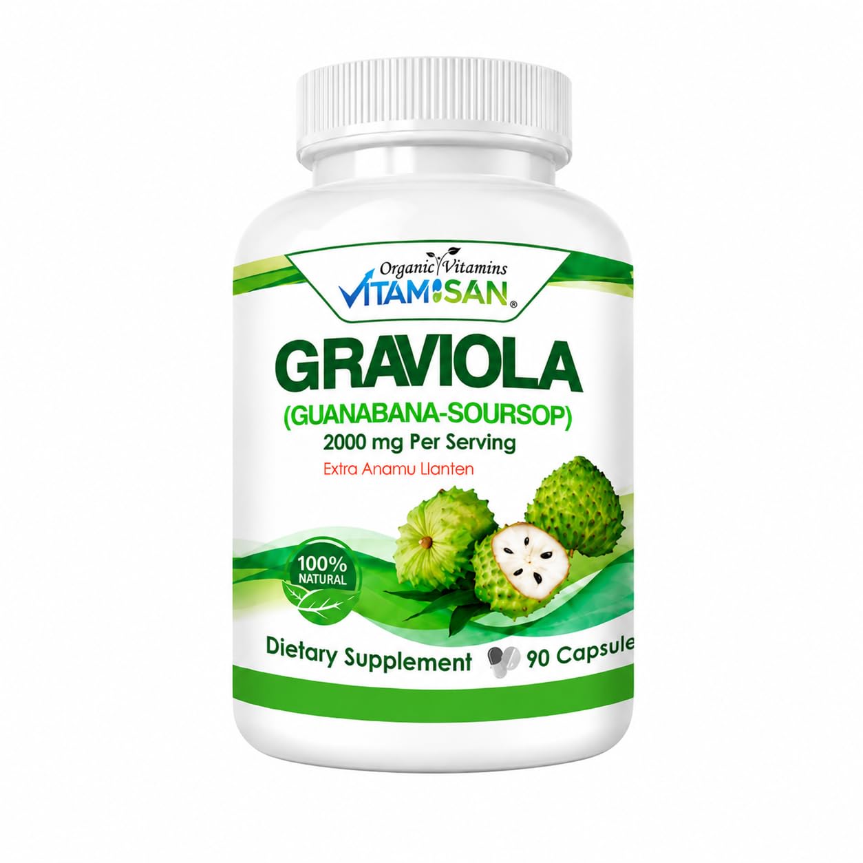 VITAMISAN Graviola Soursop Guanabana Extract Anamu Llanten Natural Dietary Supplement Leaf & Fruit Extract 90 Capsules