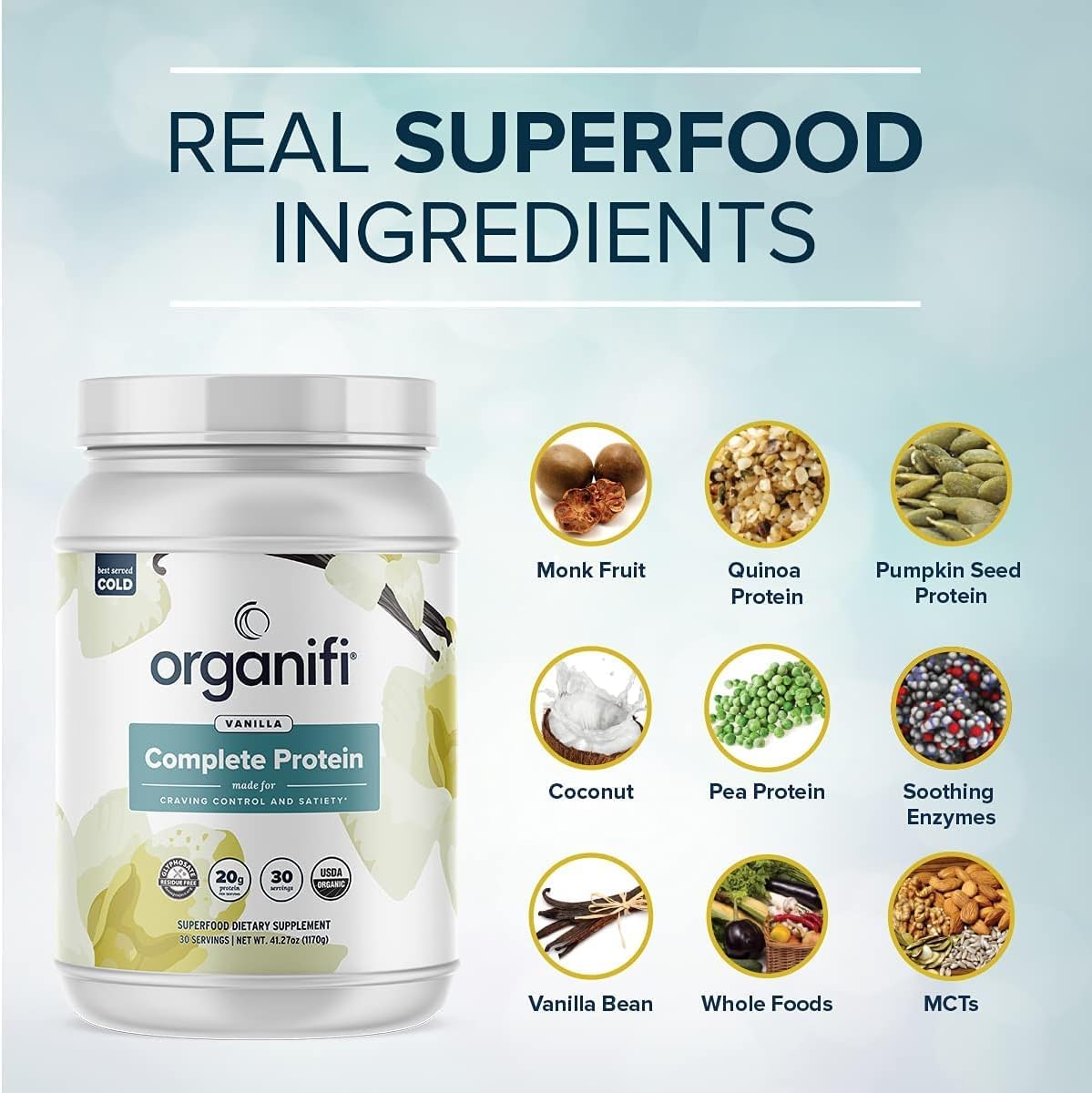 Generic Complete Protein Vanilla Flavor Organic Vegan Plant-Based Protein Powder With Enzymes, 2.7 lb