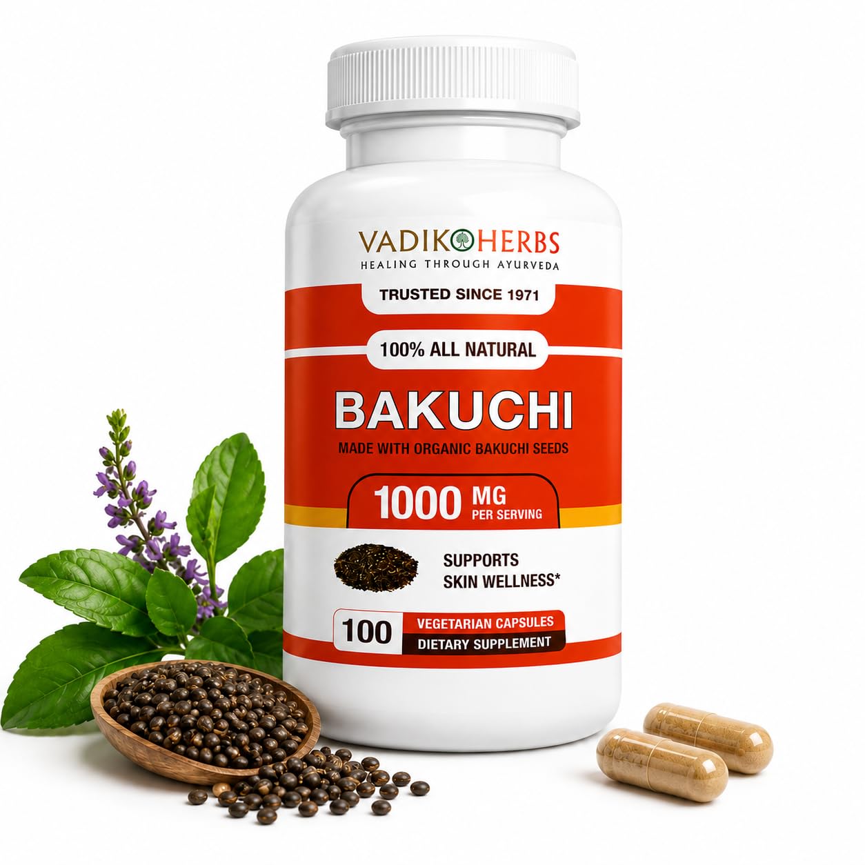 Vadik Herbs Bakuchi (Babchi, Psoralea corylifolia) Certified Organic Powder, 100 Count