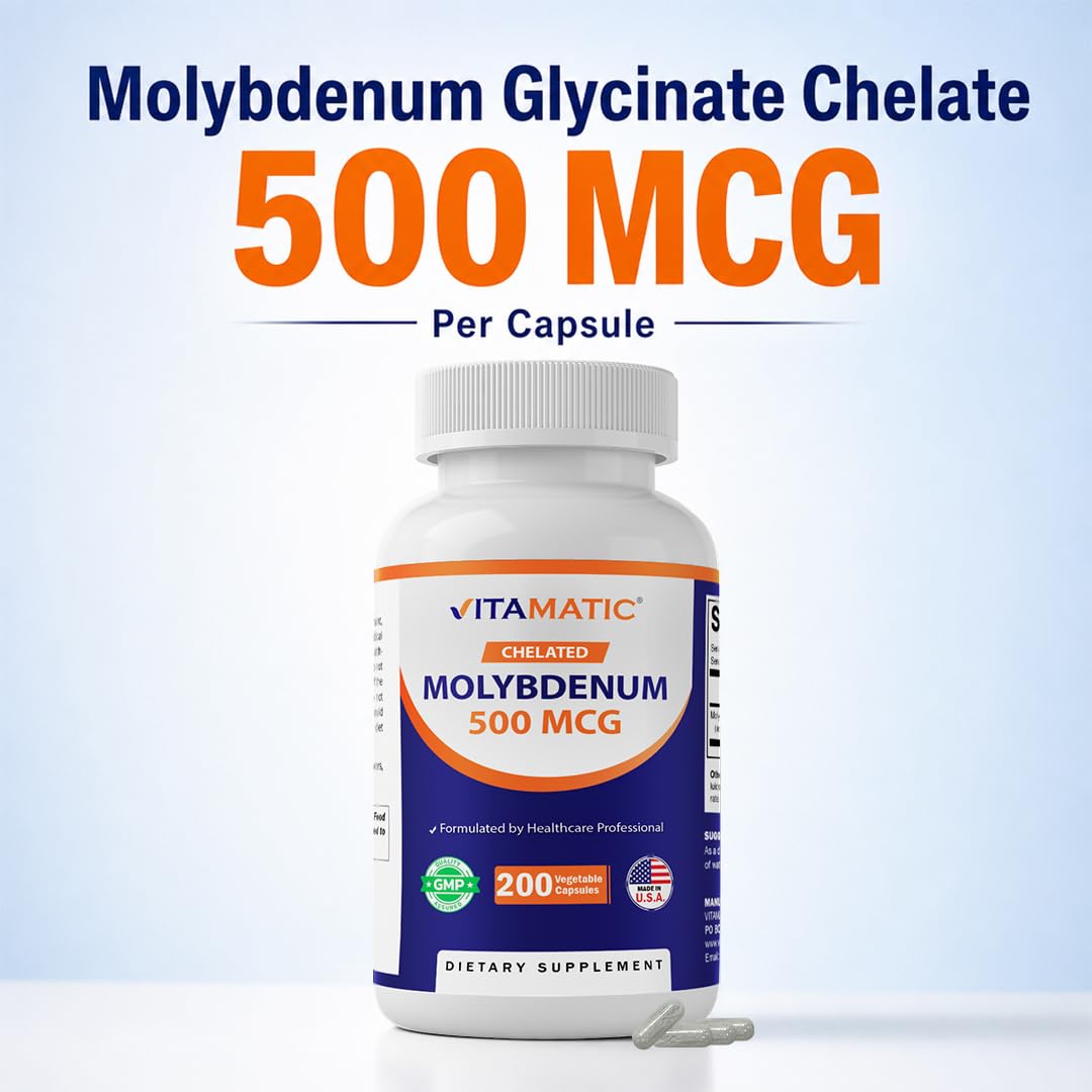 Vitamatic Chelated Molybdenum 500 mcg (as Molybdenum Glycinate Chelate) Capsules, 200 Count