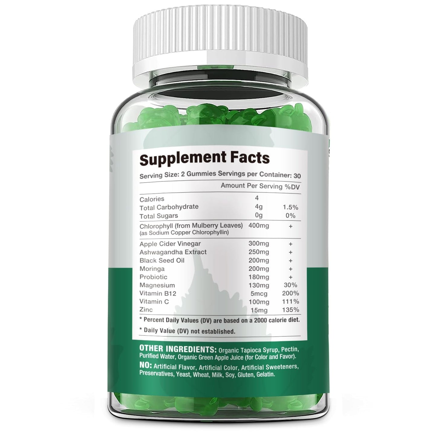 Riyuetian Sugar Free Chlorophyll Gummies with Unfiltered ACV, Sea Moss, Elderberry, Echinacea, Vitamin D3, C, E, B12, Vegan, 60 Gummies