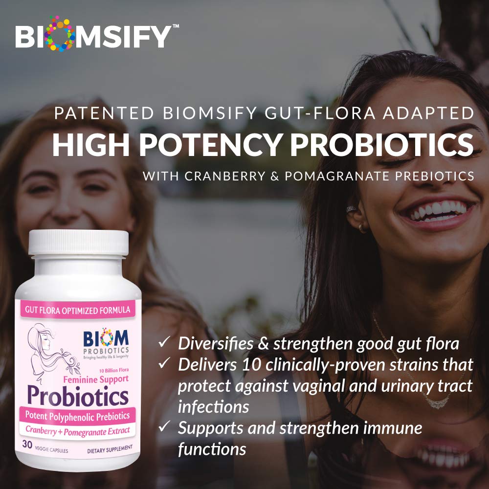Biom Probiotics Complete Feminine Balance Women's Daily Probiotics + Prebiotics with Organic Cranberry & Pomegranate with Lactobacillus crispatus, Gluten & Dairy-Free, 30 Capsules