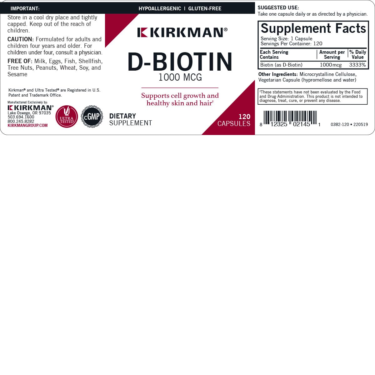 Kirkman d-Biotin 1000 mcg Capsule 120 Count