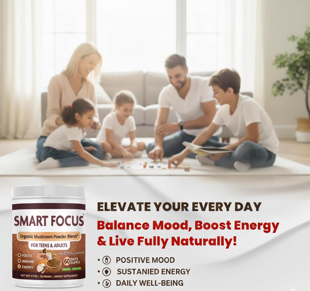 Smart Focus Lion’s Mane Mushroom Powder Organic, Chaga, Reishi & Cordyceps — Mushroom Chocolate Powder — Brain Health & Focus Support — 4 oz