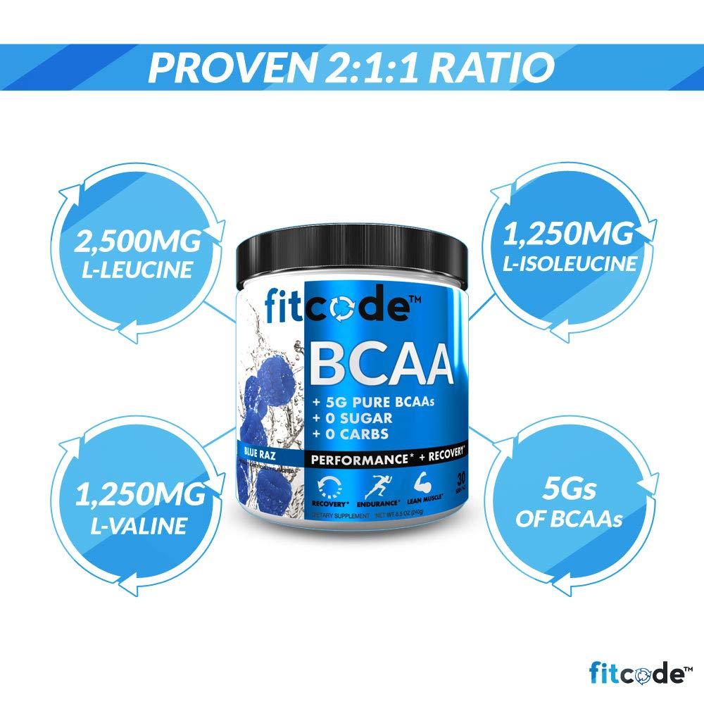 fitcode Ultra Premium BCAAs with 5G of Pure BCAAs with Proven 2:1:1 Ratio of Amino Acids to Help Post Workout Recovery, Lean Muscle Growth, Endurance, 8.46 Ounce Powder
