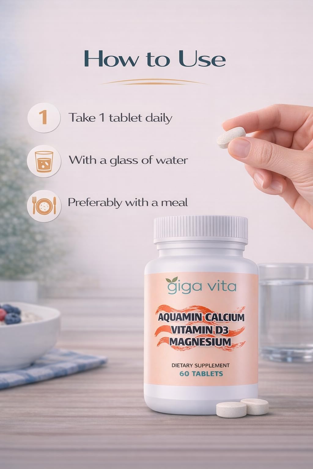 Giga Vita Aquamin Calcium with Vitamin D3 & Magnesium – Bone, Joint & Muscle Support – Plant-Based Marine Calcium from Red Algae – 60 Capsules