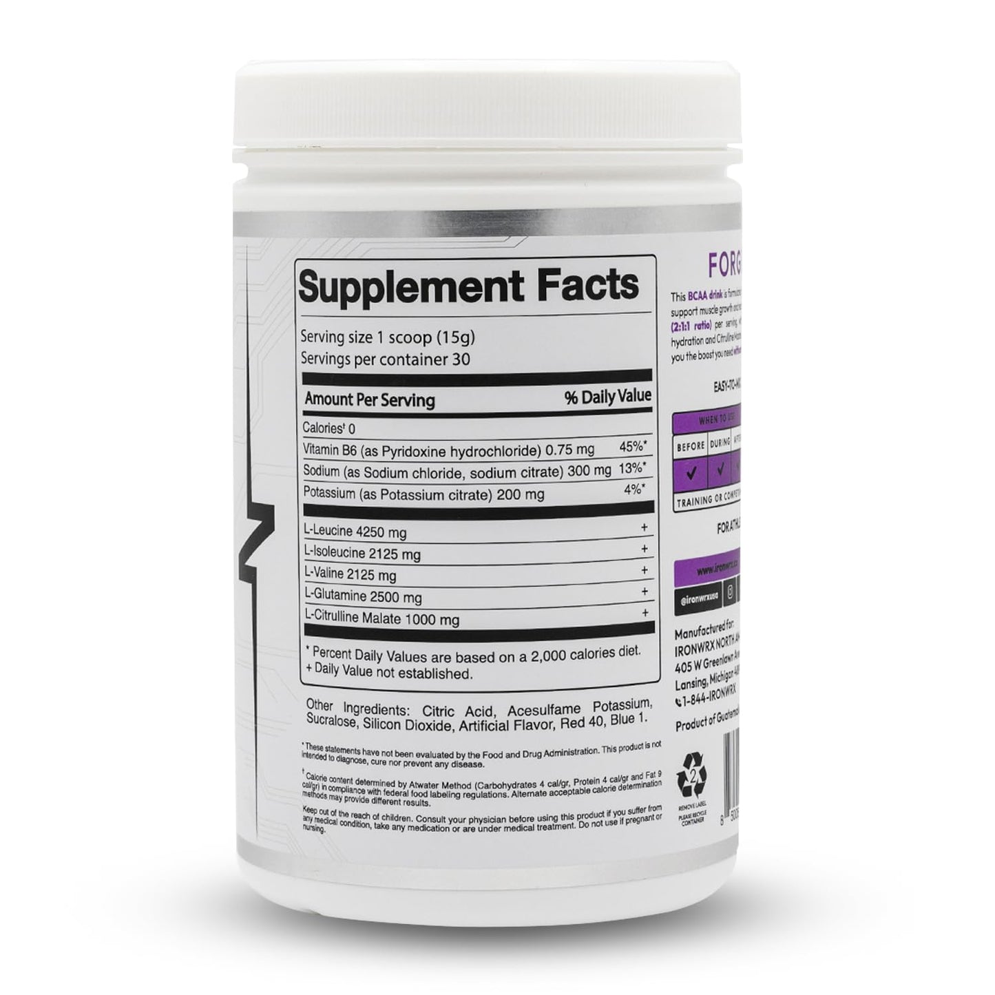 IRONWRX BCAA Powder 16 oz, 8g Amino Acids Per Serving, 2:1:1 Ratio with Citrulline Malate & L-Glutamine, Advanced Muscle Recovery & Soreness Support, Grape, 30 Servings
