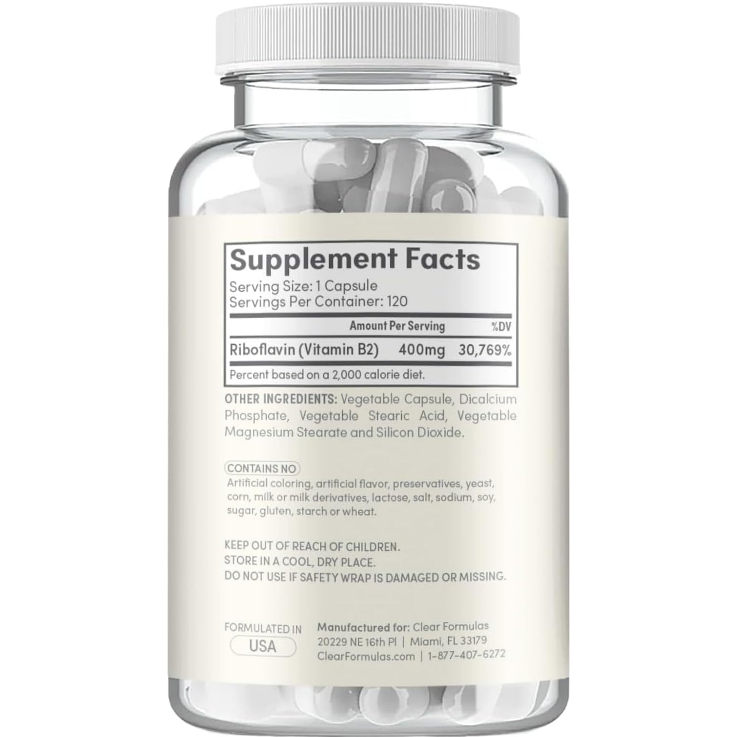 Clear Formulas Vitamin B2 Riboflavin 400mg Capsules 120 Count