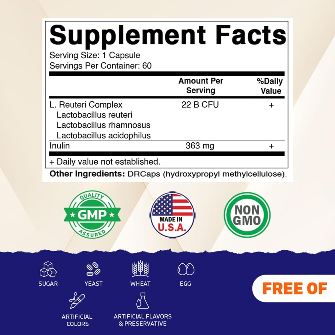 Vitamatic Lactobacillus Reuteri Complex 22 Billion CFU per Delayed Release Capsule Digestive & Gut Health Support with Prebiotic Inulin Fiber, 120 Capsules