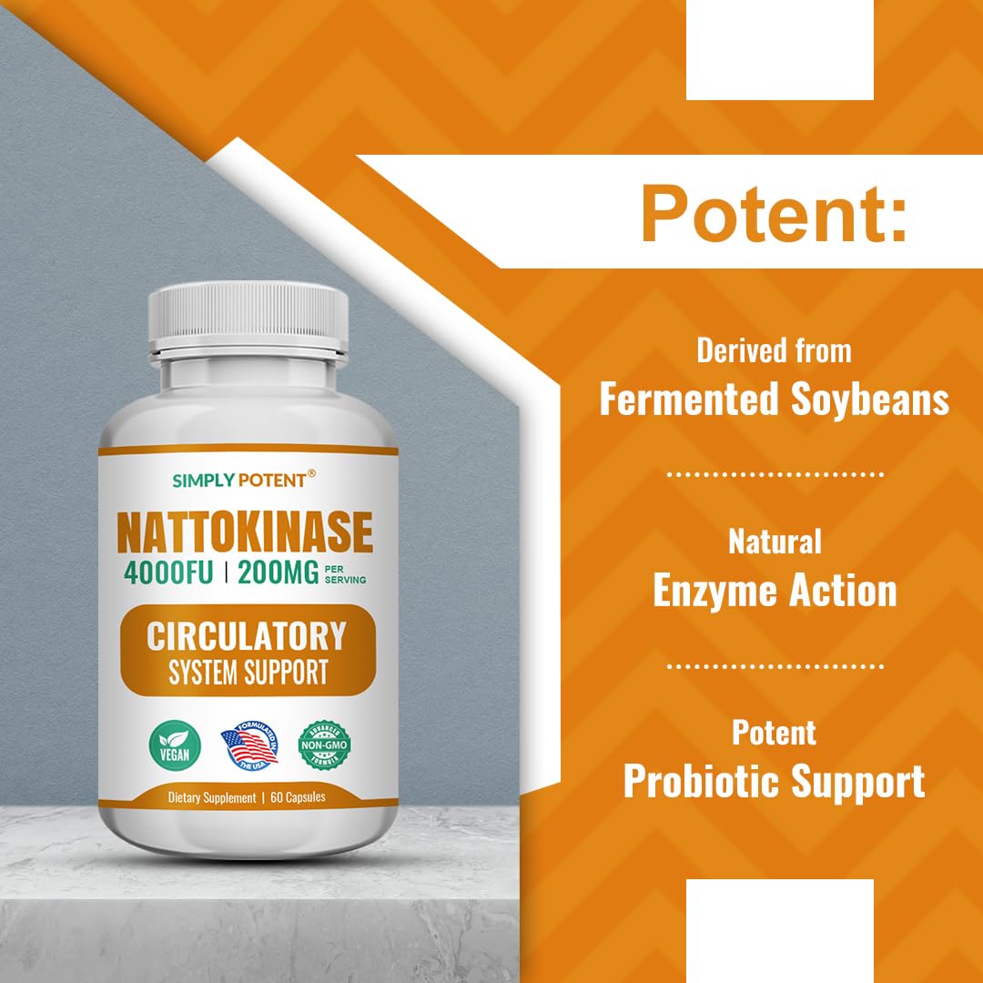 Simply Potent Nattokinase Supplement 200mg Per Serving (4000 FU Enzyme Activity) Capsules, 60 Count