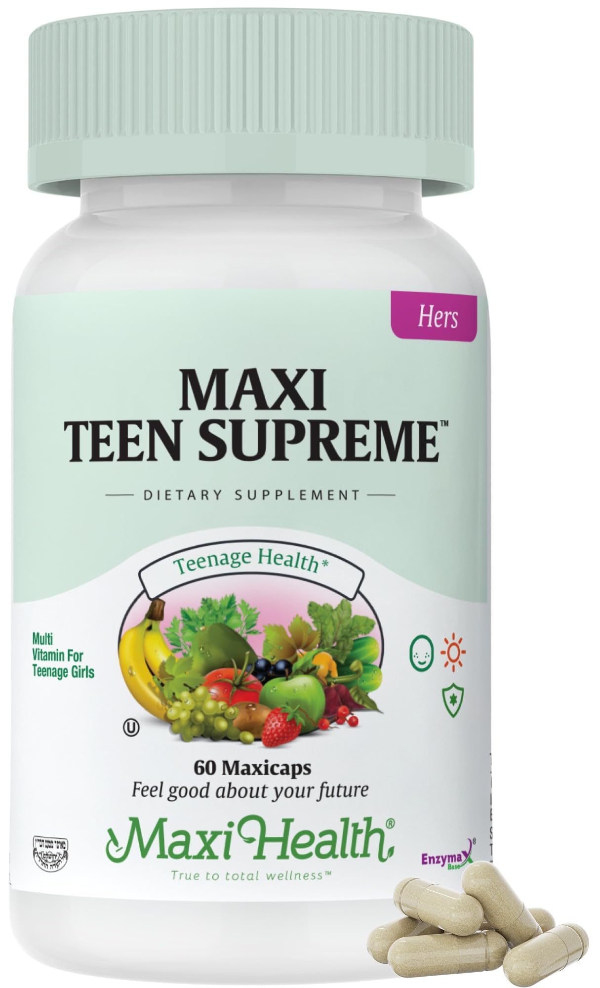 Maxi Health Teen Vitamins for Girls 12-17 Teen Multivitamin Supreme with D3, Iron, Calcium, Biotin, Digestive Enzymes, 60 Count Capsule