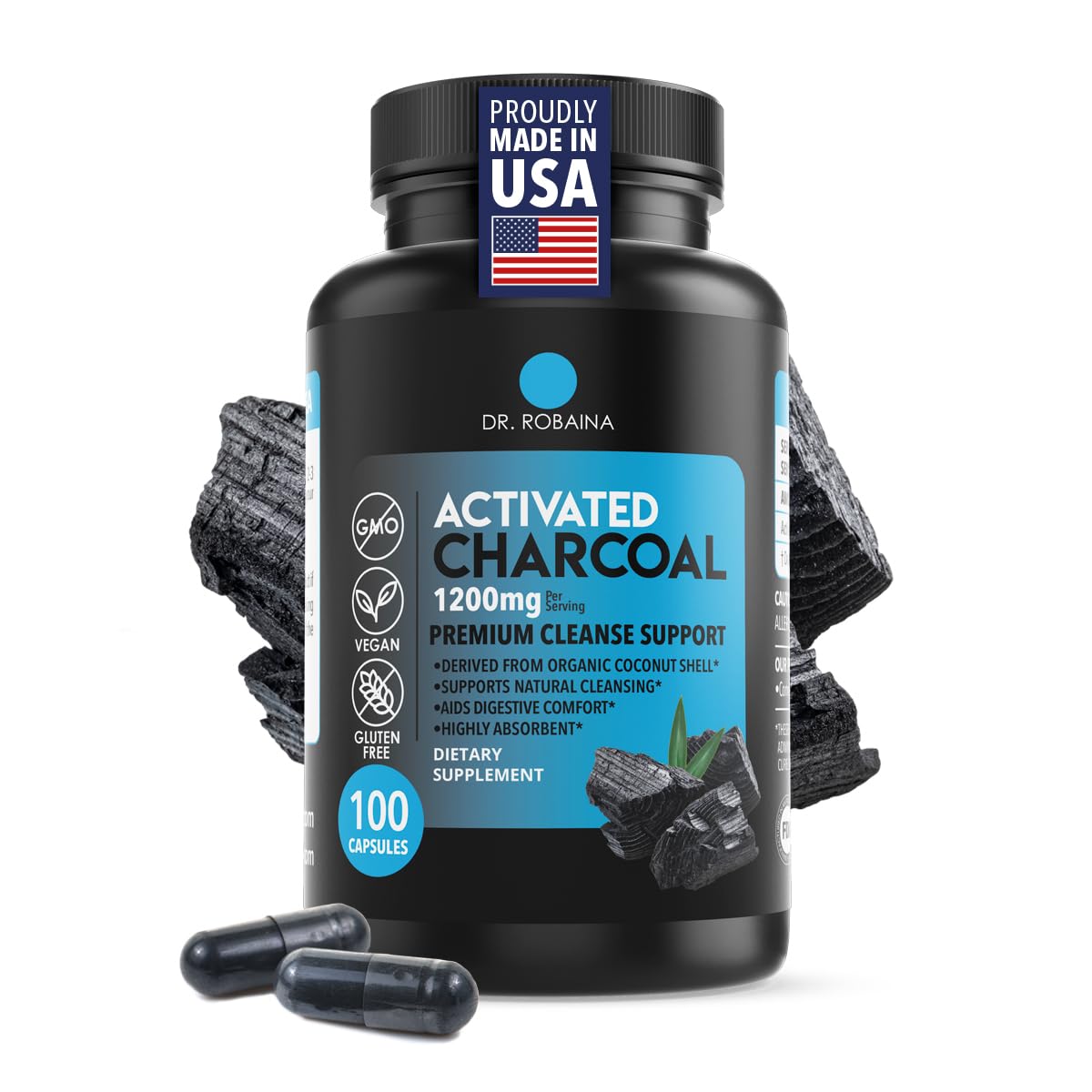 Dr. Robaina Activated Charcoal Capsules 1200 mg, 100 Count