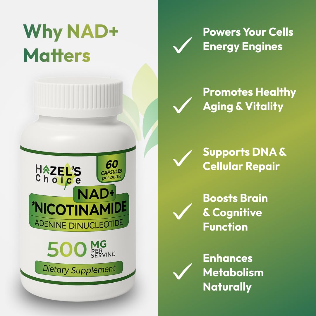 HAZEL'S Choice NAD+ Nicotinamide Adenine Dinucleotide Supplement 500mg, 60 Capsules