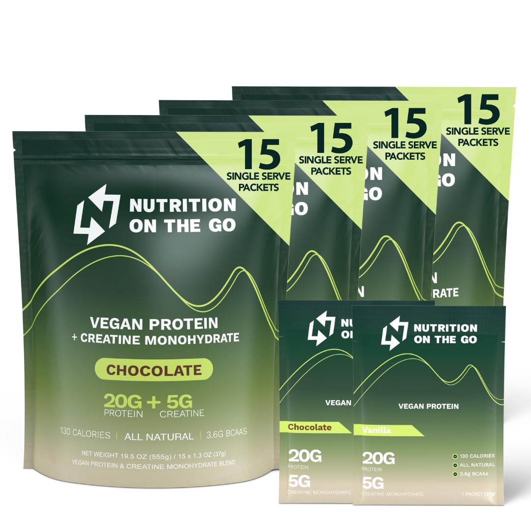 Nutrition On The Go Vegan Protein Powder Packets with Creatine – 20g Plant Proteins + 5g Creatine – All-Natural, Gluten-Free – Vanilla & Chocolate Variety Pack, 60 Packets