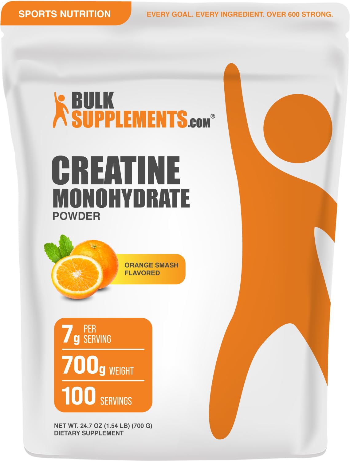BulkSupplements Creatine Monohydrate Powder, Micronized, Orange Smash Flavor, 700 g