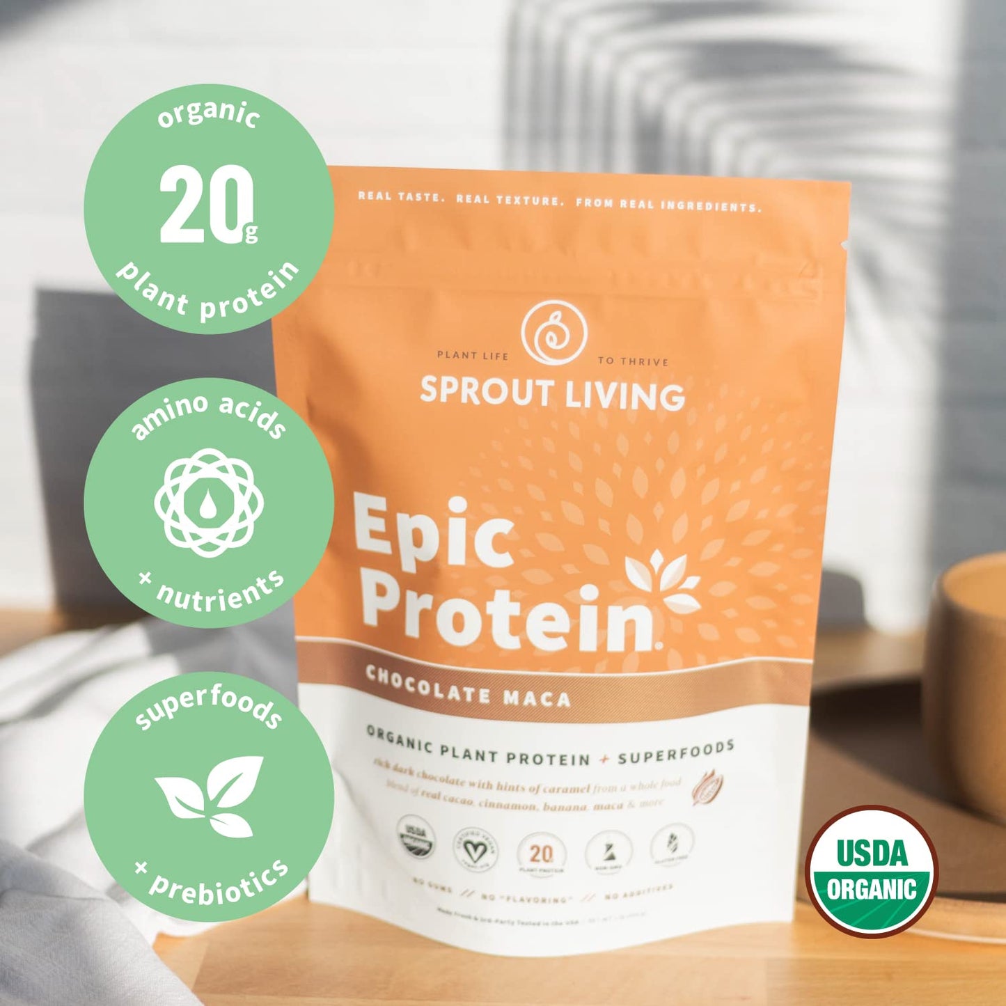 Sprout Living Epic Protein Powder, Chocolate Maca, 16 Servings