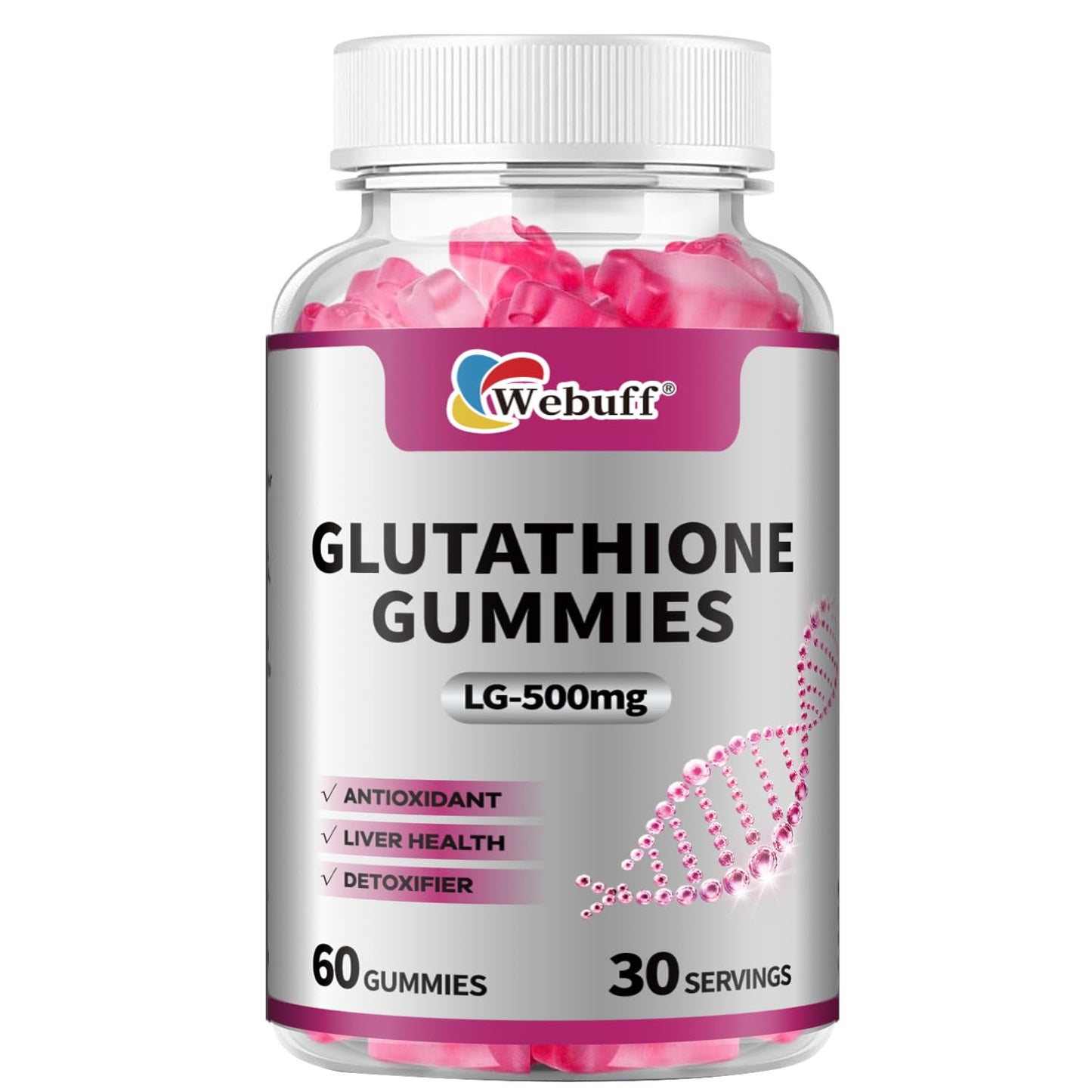 Webuff Glutathione Gummies with Collagen 500mg Vitamin C & B6 Skin Glow Hair & Nail Support Anti-Aging Antioxidant Sugar-Free Non-GMO Strawberry Flavor, 60 Gummies