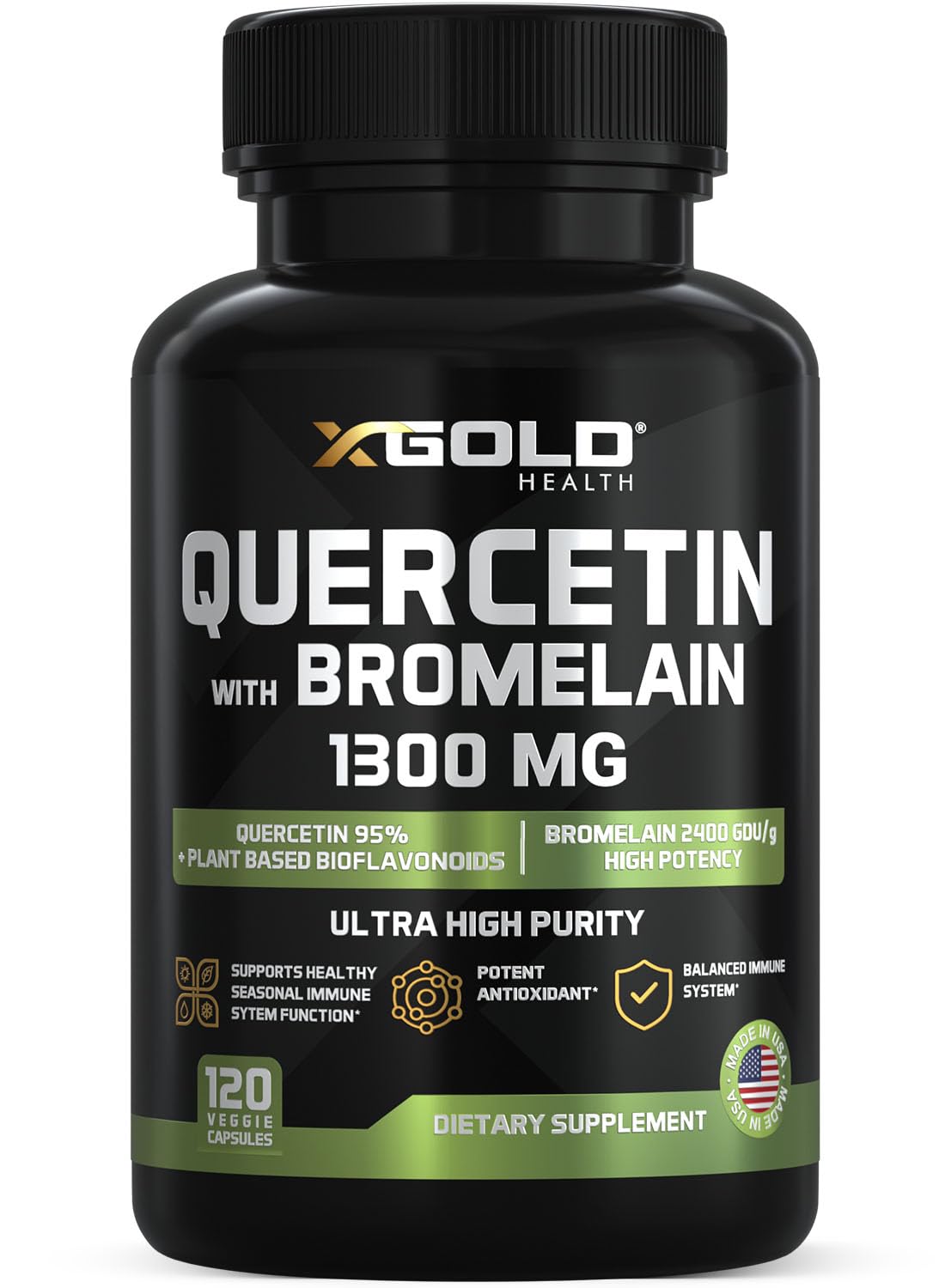 X Gold Health Quercetin + Bromelain 1,300mg, 95% Quercetin, Highly Purified & Highly Bioavailable Plus Bromelain 2,400 GDU/g Made in USA, 120 Capsules