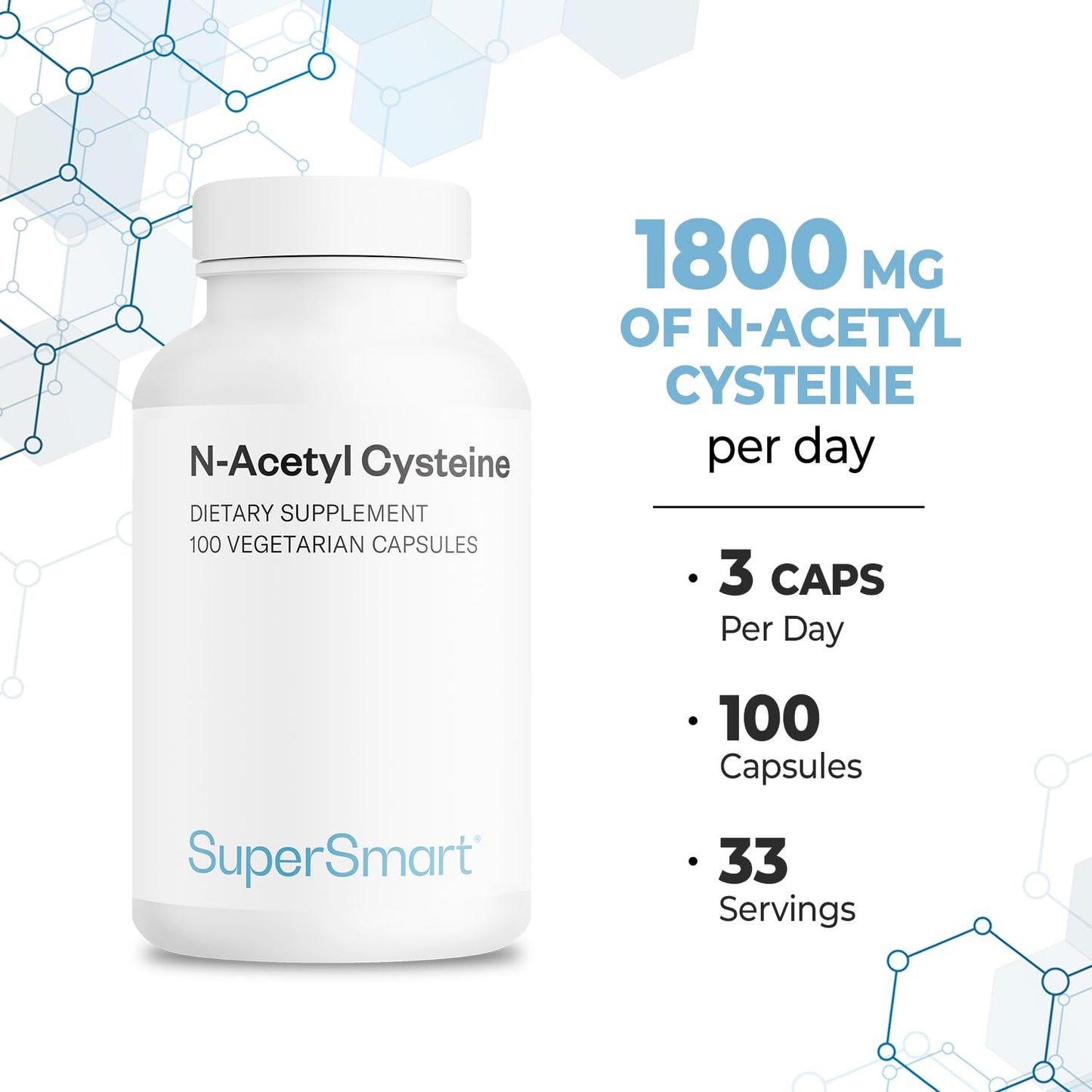 Supersmart NAC N-Acetyl Cysteine 1800 mg Per Day Capsules, 100 Count