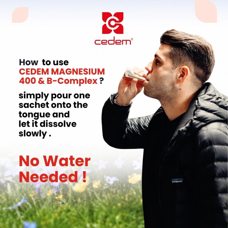 CEDEM Magnesium 400mg + B-Complex No Water Needed Dissolving Powder Sticks, Swiss-Formulated, Peach Flavor, 20 Count
