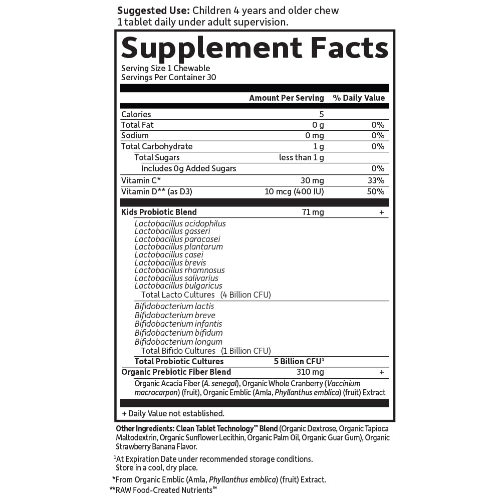 Garden of Life Dr. Formulated Probiotics Organic Kids+ Chewables, 30 Count, Digestive Health Support, Prebiotic Fiber & Vitamins C & D, Supports Immune Function, Strawberry Banana
