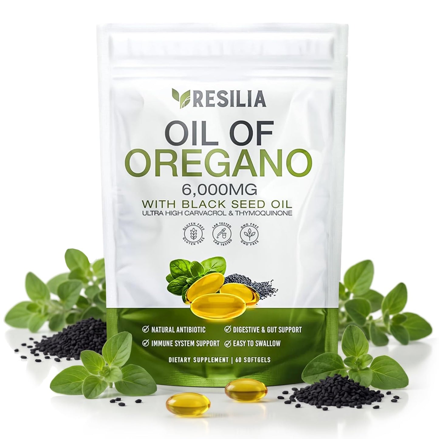 Resilia Oregano Oil Capsules 6000mg with Black Seed Oil – Organic Oregano Oil for Immune & Digestive Support, Non-GMO, Gluten-Free, 60 Capsules