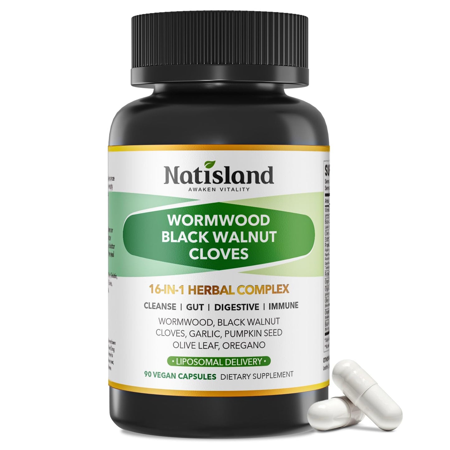 NATISLAND Liposomal Black Walnut Wormwood Clove Cleanse for Humans Lymphatic Support with Garlic Soursop Olive Leaf Pumpkin Seed Turmeric Black Pepper Capsule, 90 Count