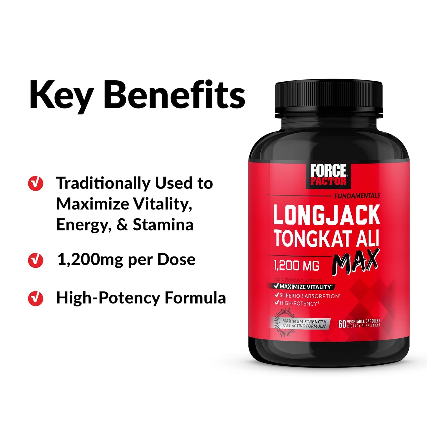 Force Factor Longjack Tongkat Ali Max Men's Vitality L-Arginine Nitric Oxide for Muscle Building 210 Capsules