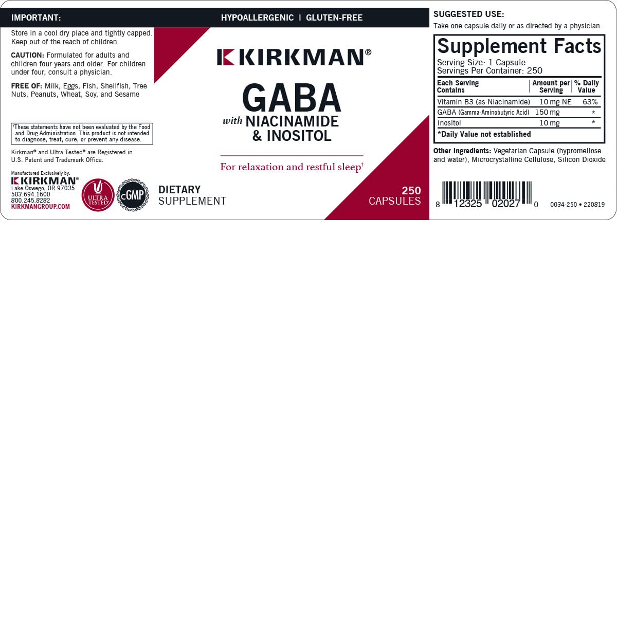 Kirkman GABA 150 mg with Niacinamide & Inositol, Hypoallergenic Capsules, 250 Capsules