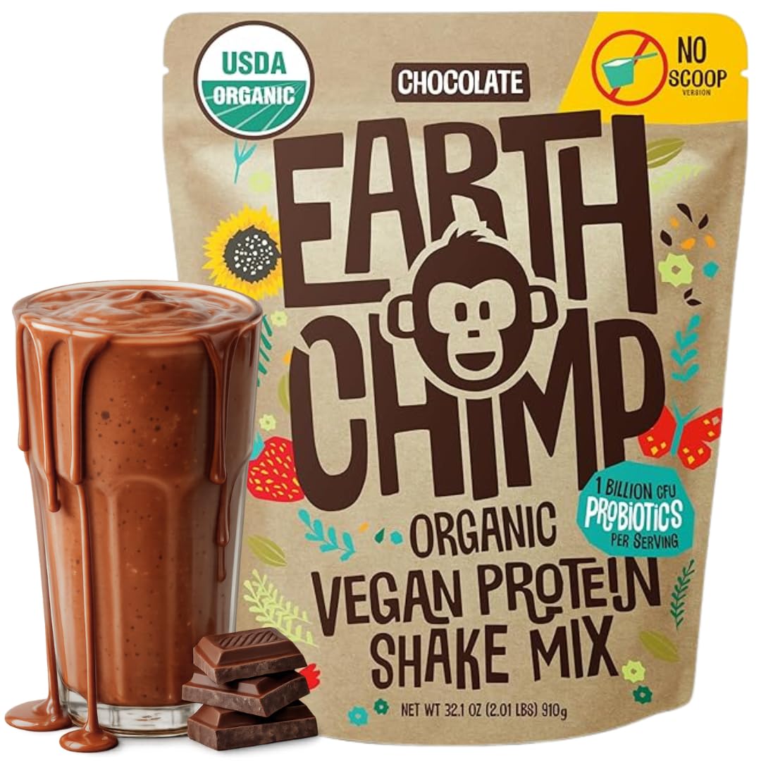EarthChimp Organic Vegan Protein Powder with Probiotics - Non GMO, Dairy Free, Non Whey, Plant Based Protein Powder for Women and Men, Gluten Free, 32 oz