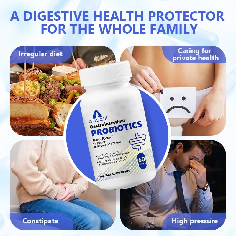 Ausalli Gastrointestinal Probiotics Flora-Focus 20 Billion CFU, 10 Probiotic Strains with Amla Extract, 60 Capsules