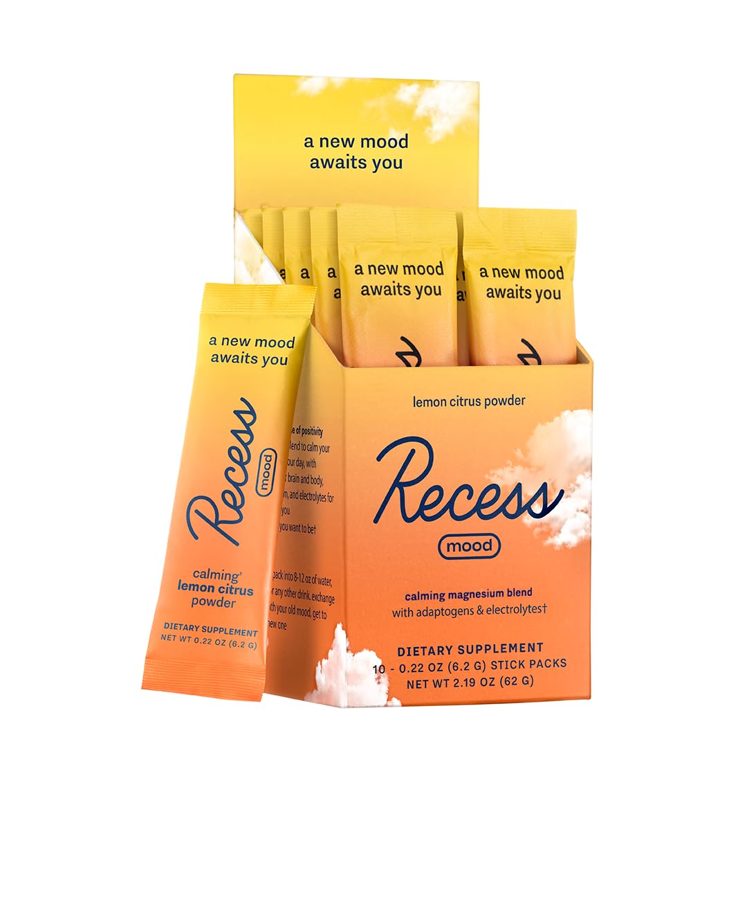 Recess Mood Powder, Magnesium L-Threonate Blend with Passion Flower, L-Theanine, Electrolytes, Magnesium Calm Support - Lemon Citrus Pack of 10
