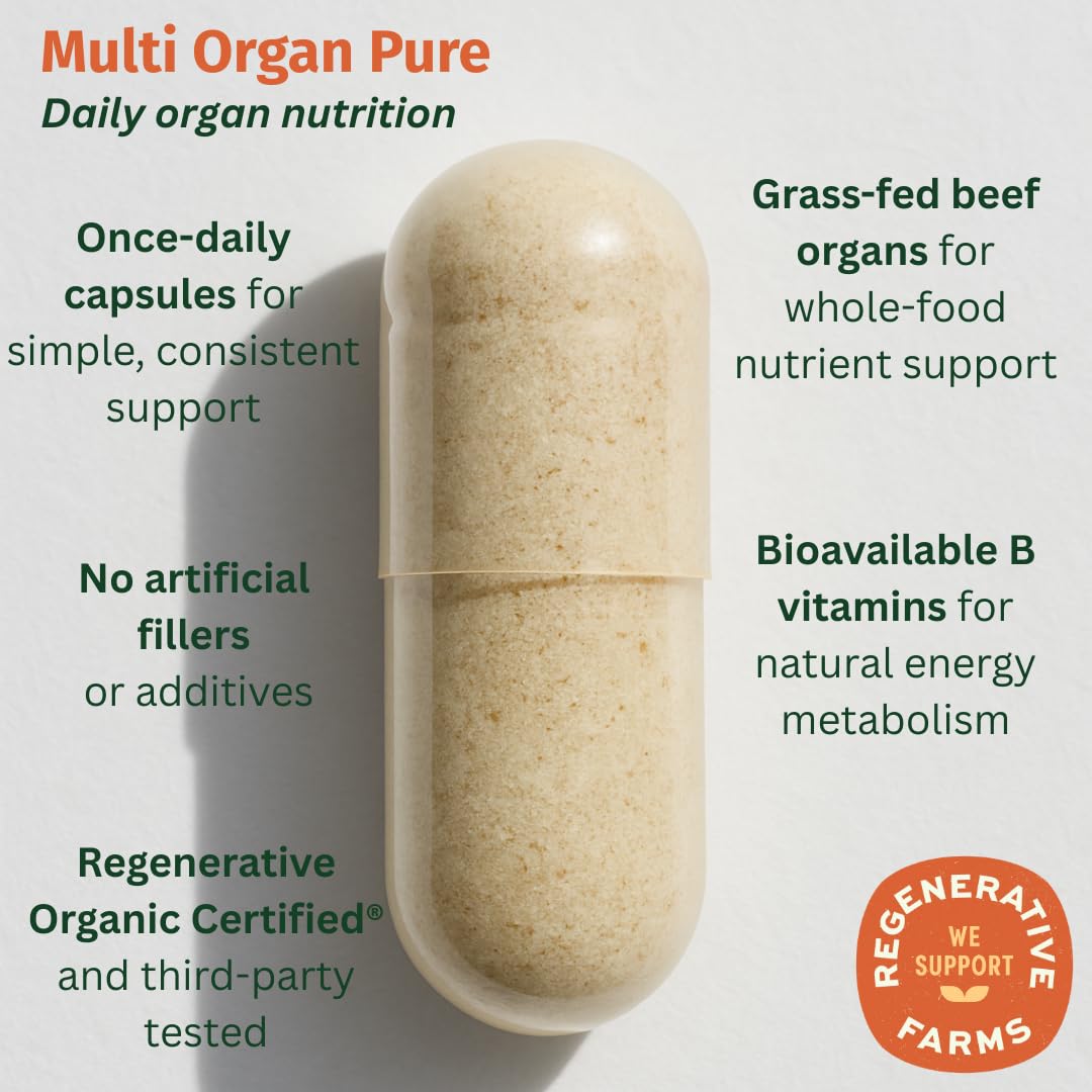 EarthFirst Organic Multi Organ Pure – Regenerative Organic Certified Grass-Fed Organ Blend – Liver, Heart & Kidney for Energy, Detox & Metabolic Support – with AB22 Probiotic 180 Capsules