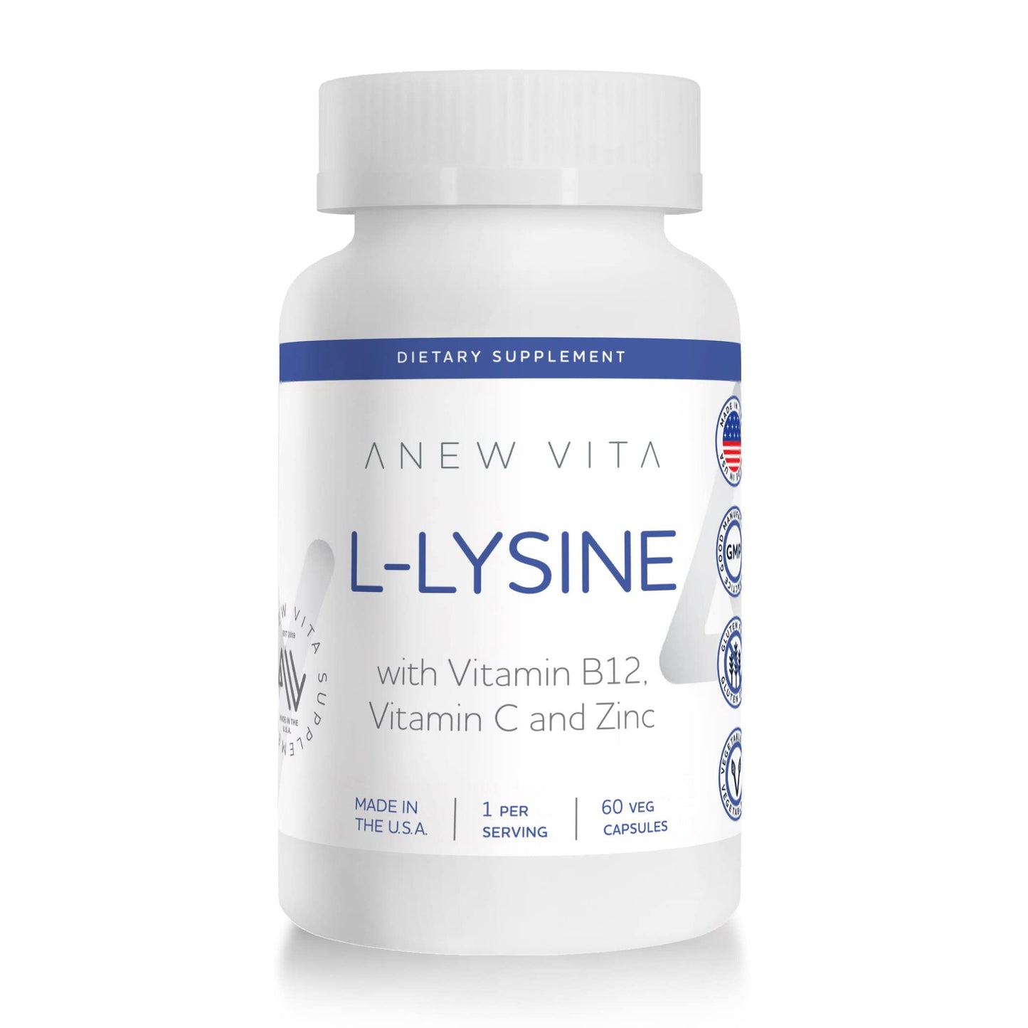 Anew Vita L-Lysine 500mg Supplement with Vitamin B12, C, and Zinc, Vegetable Capsules, 60 Count