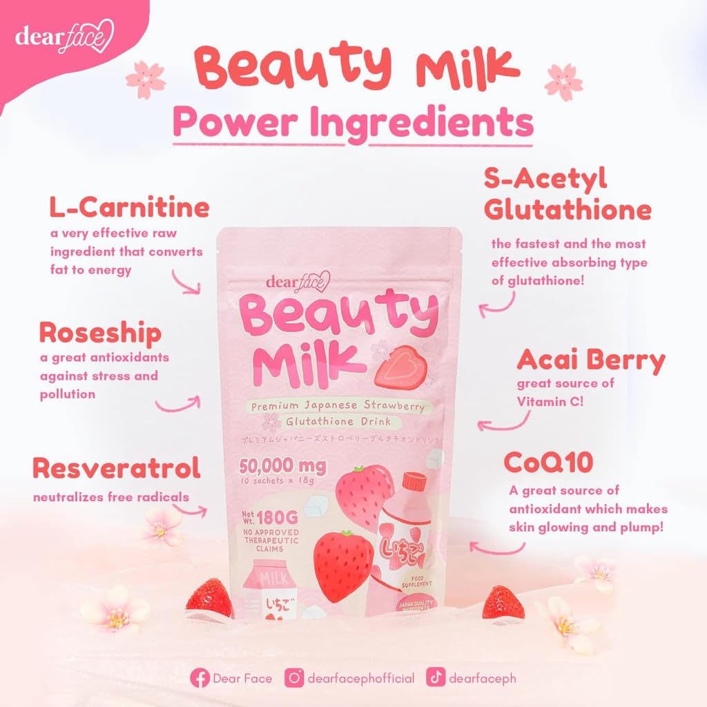 Generic Dear Face Beauty Milk Japanese Collagen Strawberry Drink Powder 6.43 Ounce