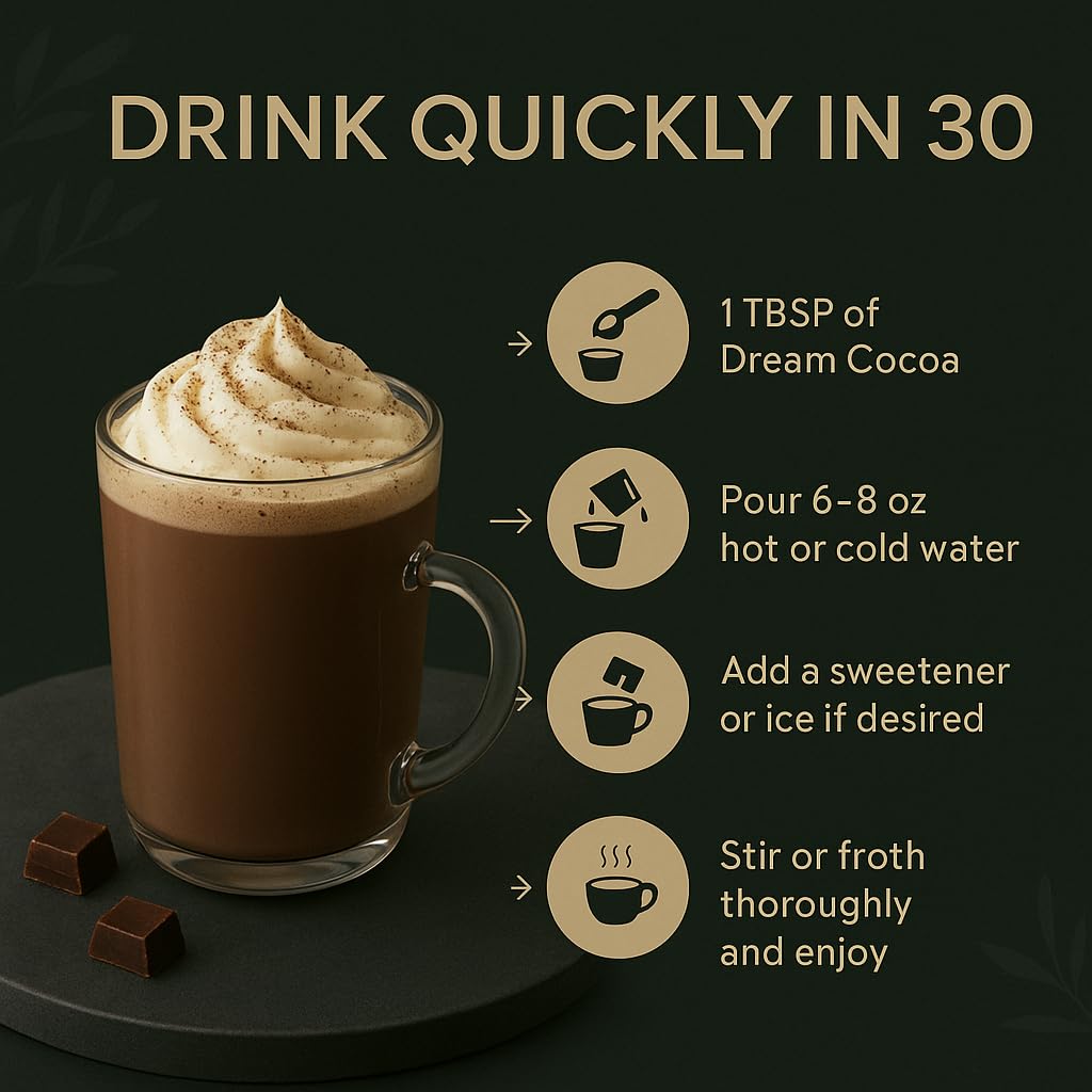 Dream Cocoa Magnesium Hot Cocoa Powder, 7.4 oz, Melatonin-Free Sleep Support with Reishi Mushroom, L-Theanine & Zinc Glycinate