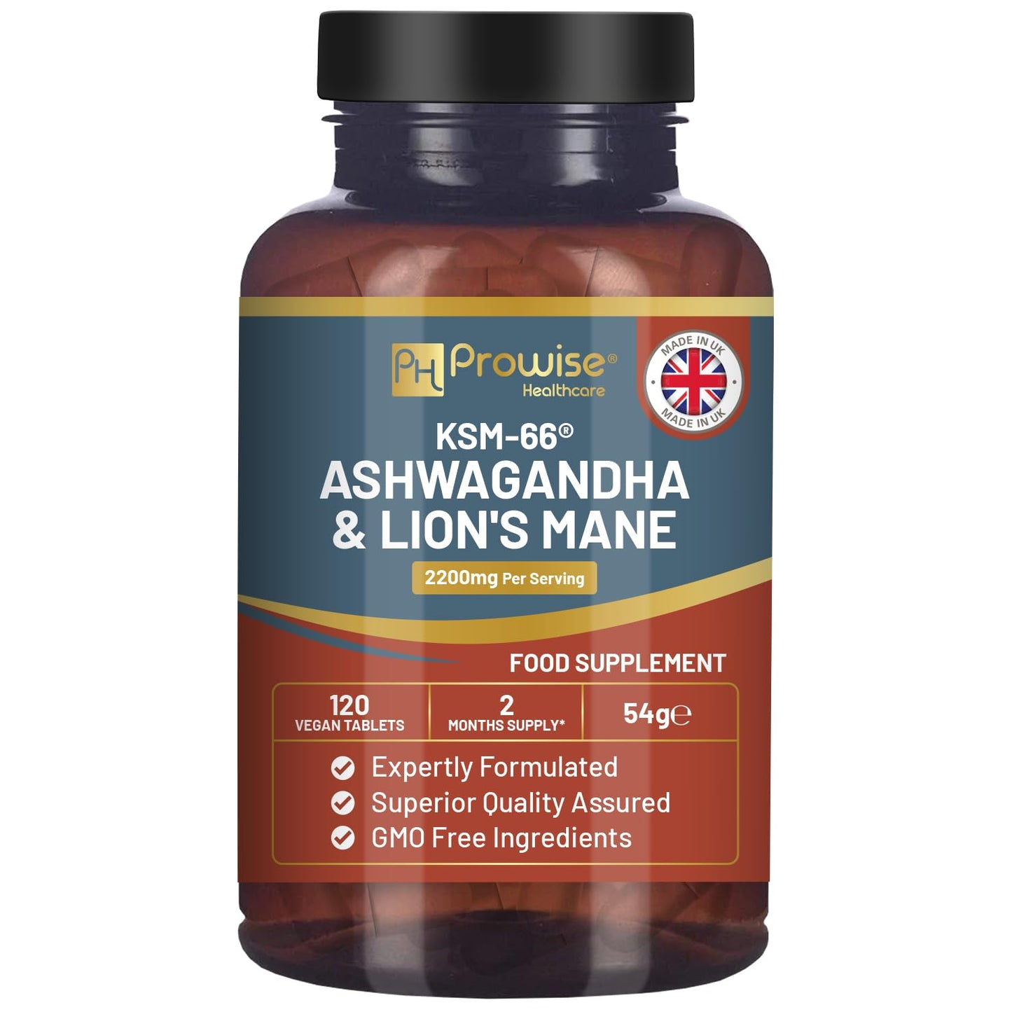 PH PROWISE Healthcare KSM-66 Ashwagandha and Lions Mane Tablets, 120 Tablets