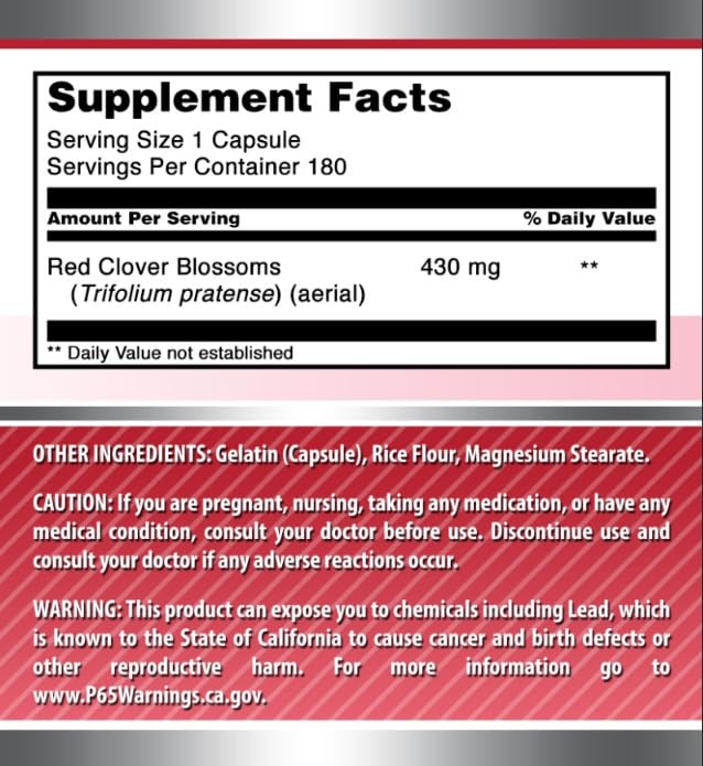 Amazing Nutrition Red Clover 430 Mg Supplement Capsules 180 Count, Non-GMO, Gluten-Free, Made in USA
