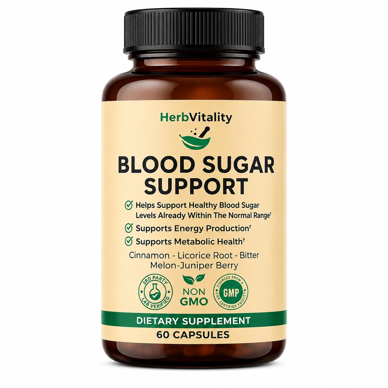 Herb Vitality Blood Sugar Support Supplement with Cinnamon, Bitter Melon, Licorice Root Extract 60 Capsules