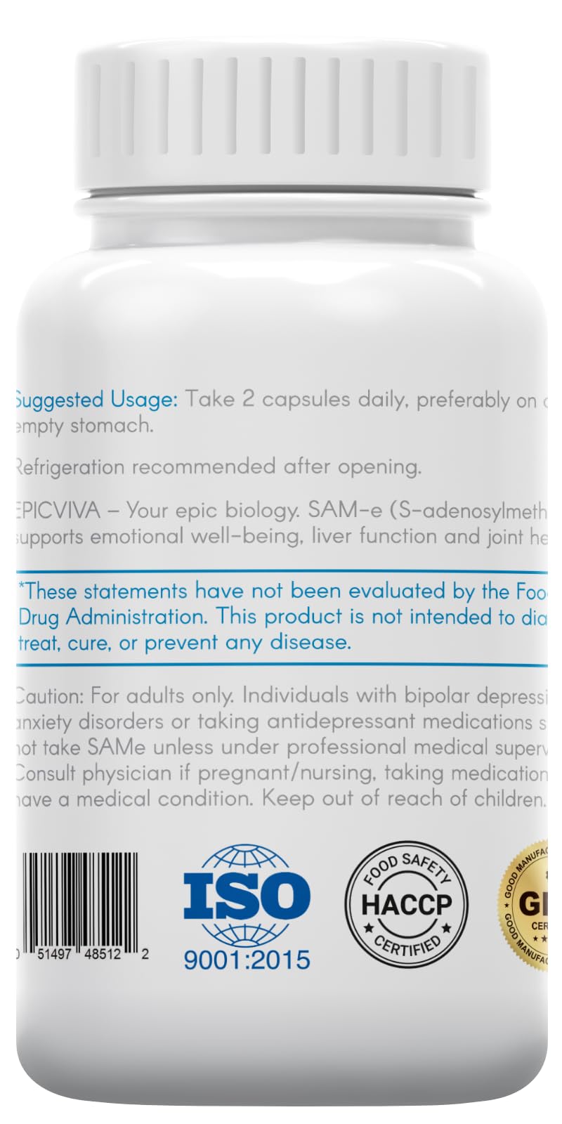 EPICVIVA SAMe 400 mg Capsule, >80% Active S,S Form, Supports Mood, Joints & Liver, 60 Count