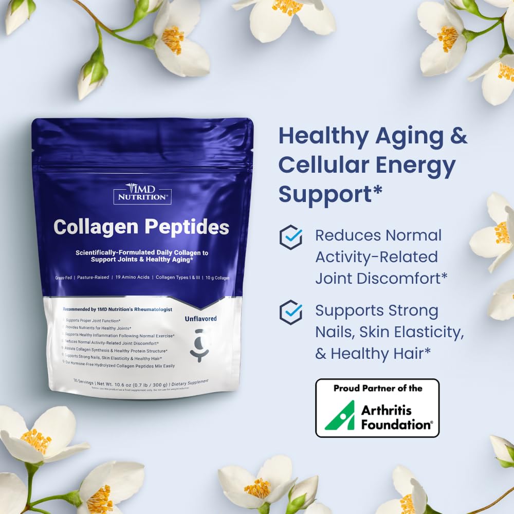 1MD Nutrition Collagen Peptides - Hydrolyzed Collagen Powder Types I & III for Women & Men - Joint, Hair & Nail Support - Unflavored, 10.58 oz