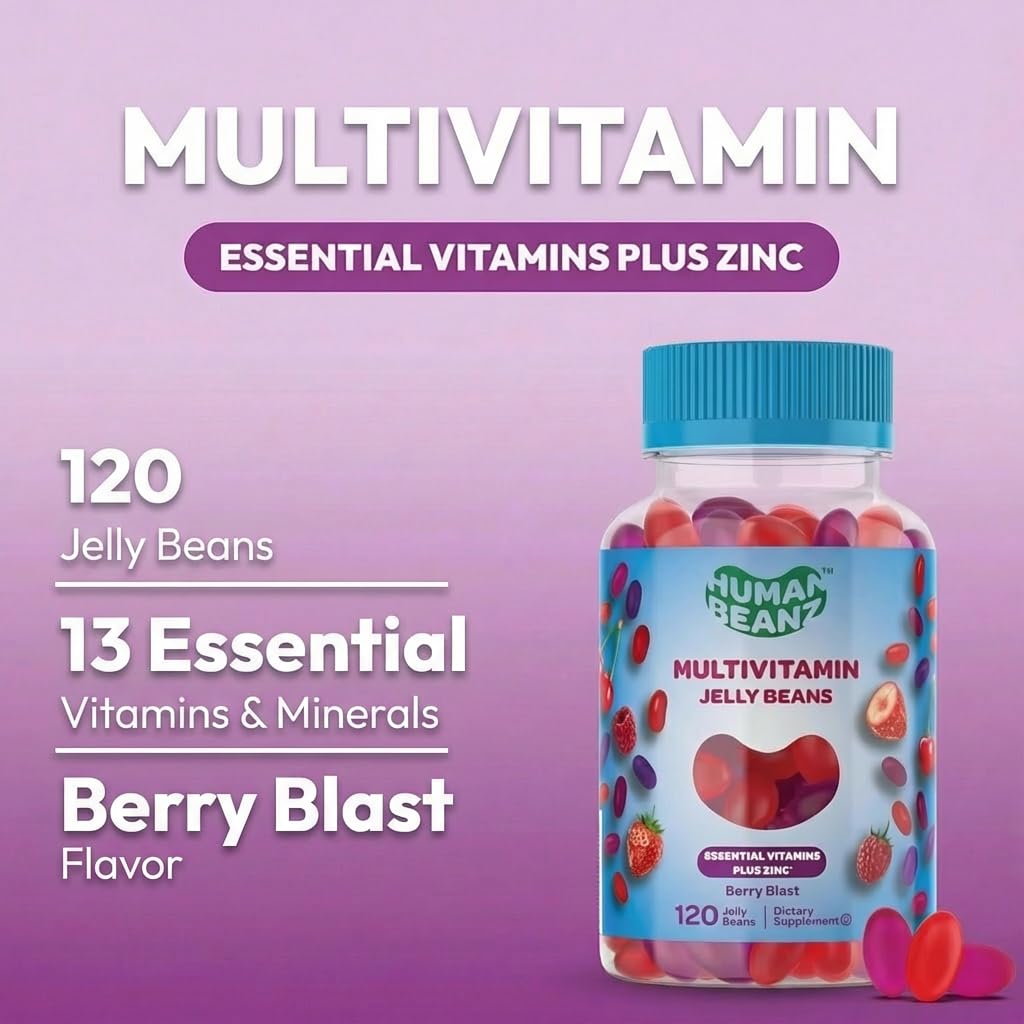 Human Beanz Multivitamin Jelly Bean Gummies with Zinc for Men and Women, Berry Blast Flavor, 120 Gummies