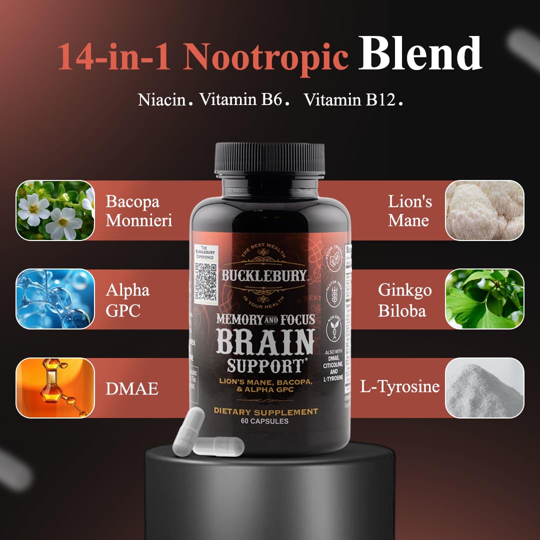 BUCKLEBURY Brain and Memory Nootropic Capsules with Bacopa & Alpha GPC, Cognitive Support & Focus, Vegan, 60 Capsules