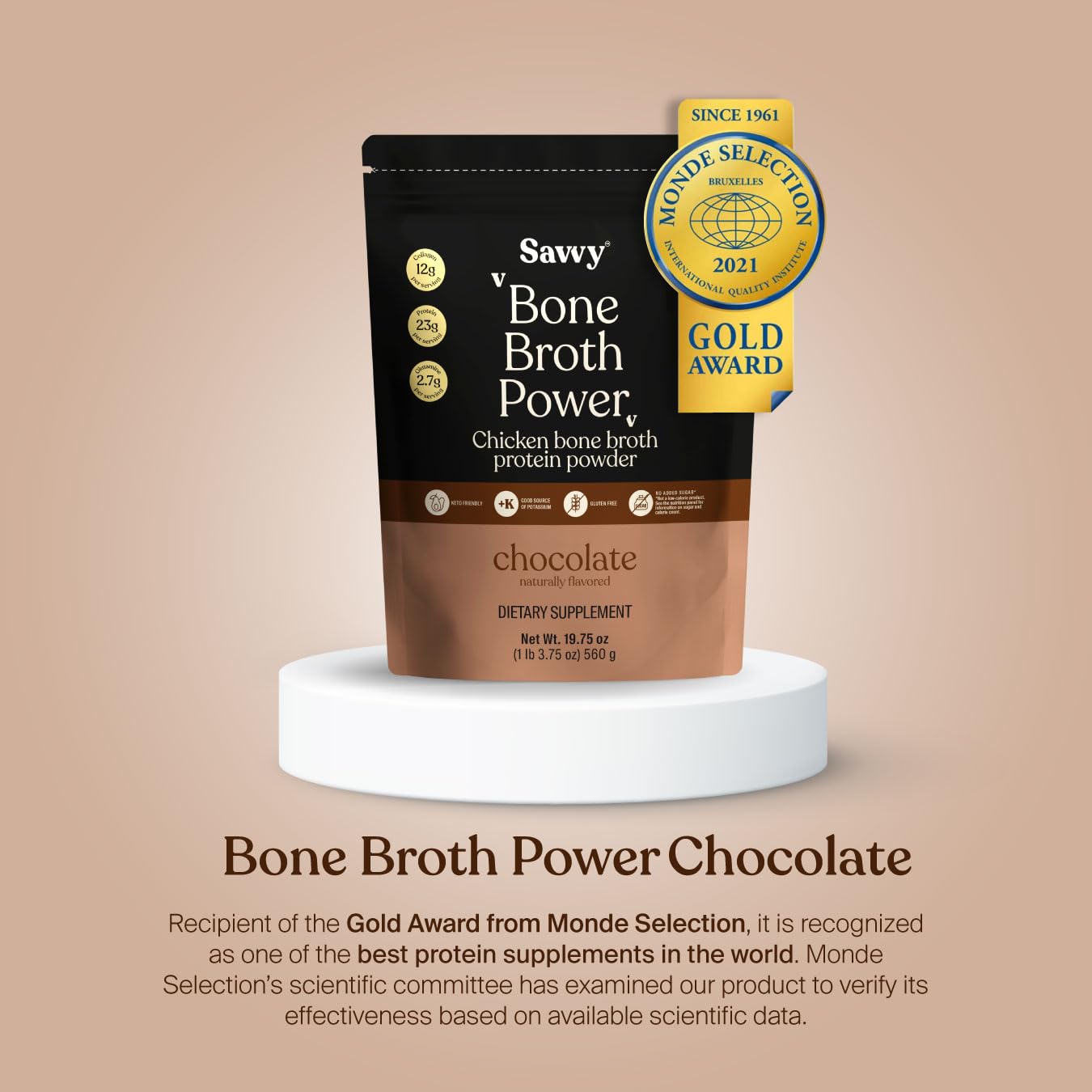 SAVVY Bone Broth Power Chocolate Protein Powder, 560g (16 Servings)