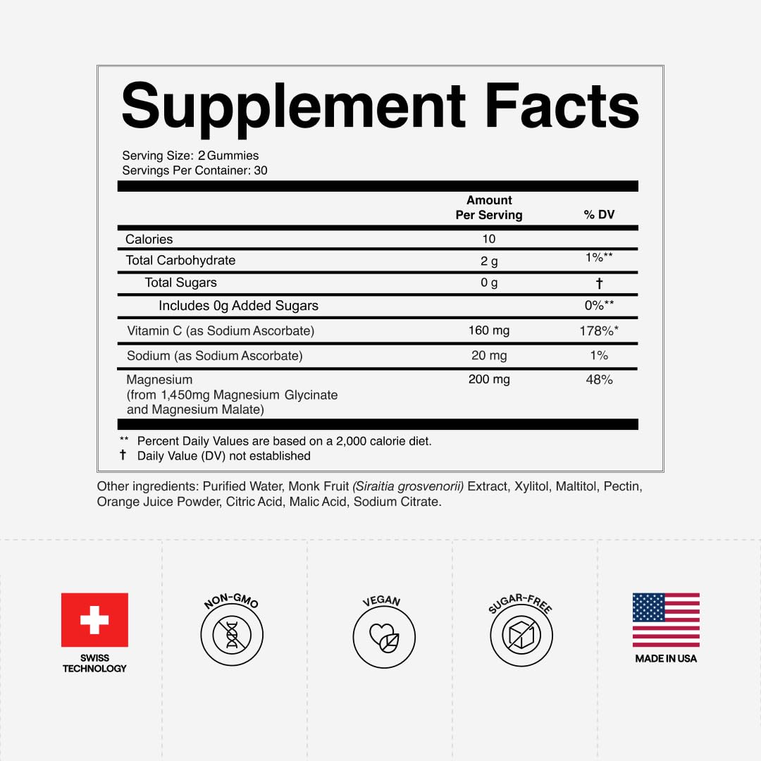 ARQ8 LONGEVITY Magnesium Gummies 200 mg per Serving, Magnesium Glycinate & Malate with Vitamin C, Sugar-Free, Vegan, for Men & Women, 60 Gummies