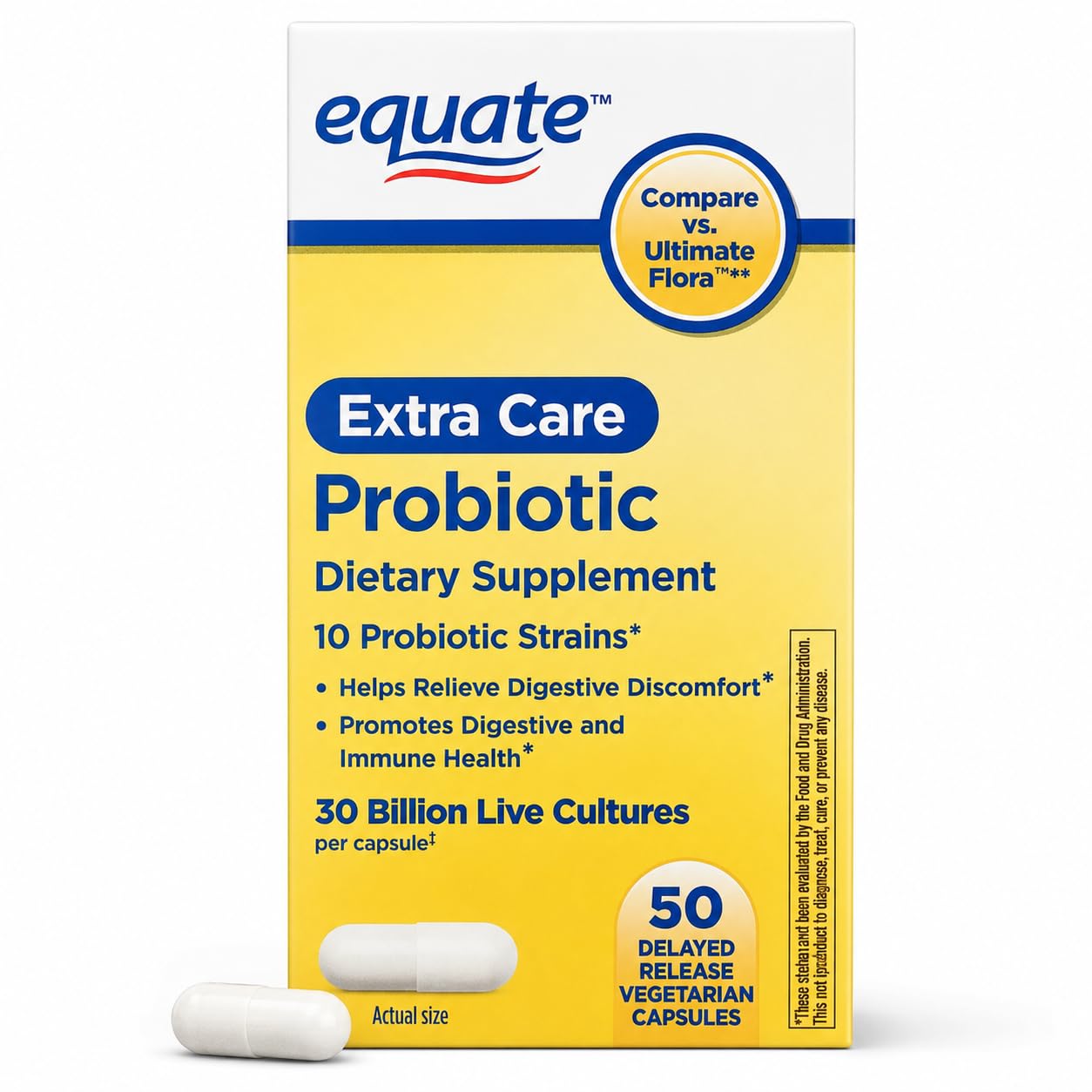 Bio360 Equate Extra Care Multi Strain Probiotic Capsules-30 Billion CFU-10 Strains 50 Count