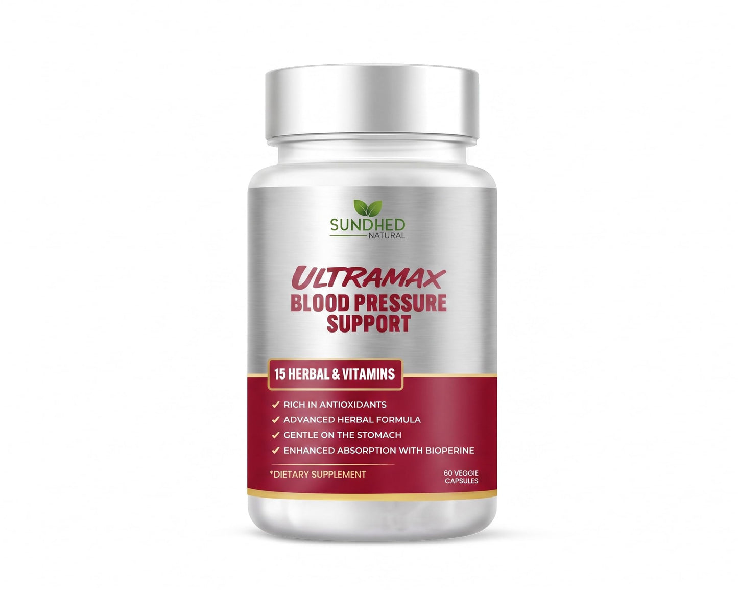 Sundhed Natural UltraMax Blood Pressure with Bioperine for Enhanced Absorption, Hawthorn Berry Capsules 60 Count