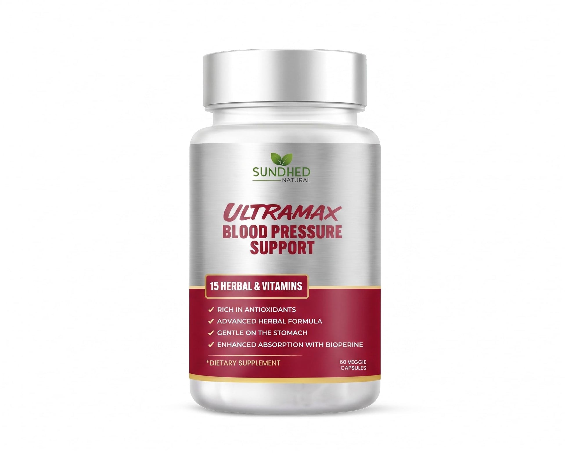 Sundhed Natural UltraMax Blood Pressure with Bioperine for Enhanced Absorption, Hawthorn Berry Capsules 60 Count