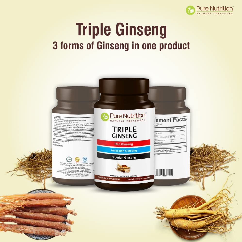 PURE NUTRITION NATURAL TREASURES Triple Ginseng 650mg Capsules, 120 Count